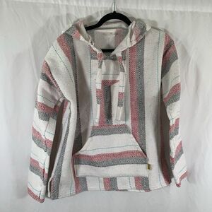 Molina Poncho Jacket Unisex Medium White Striped Mexican Blanket Pockets